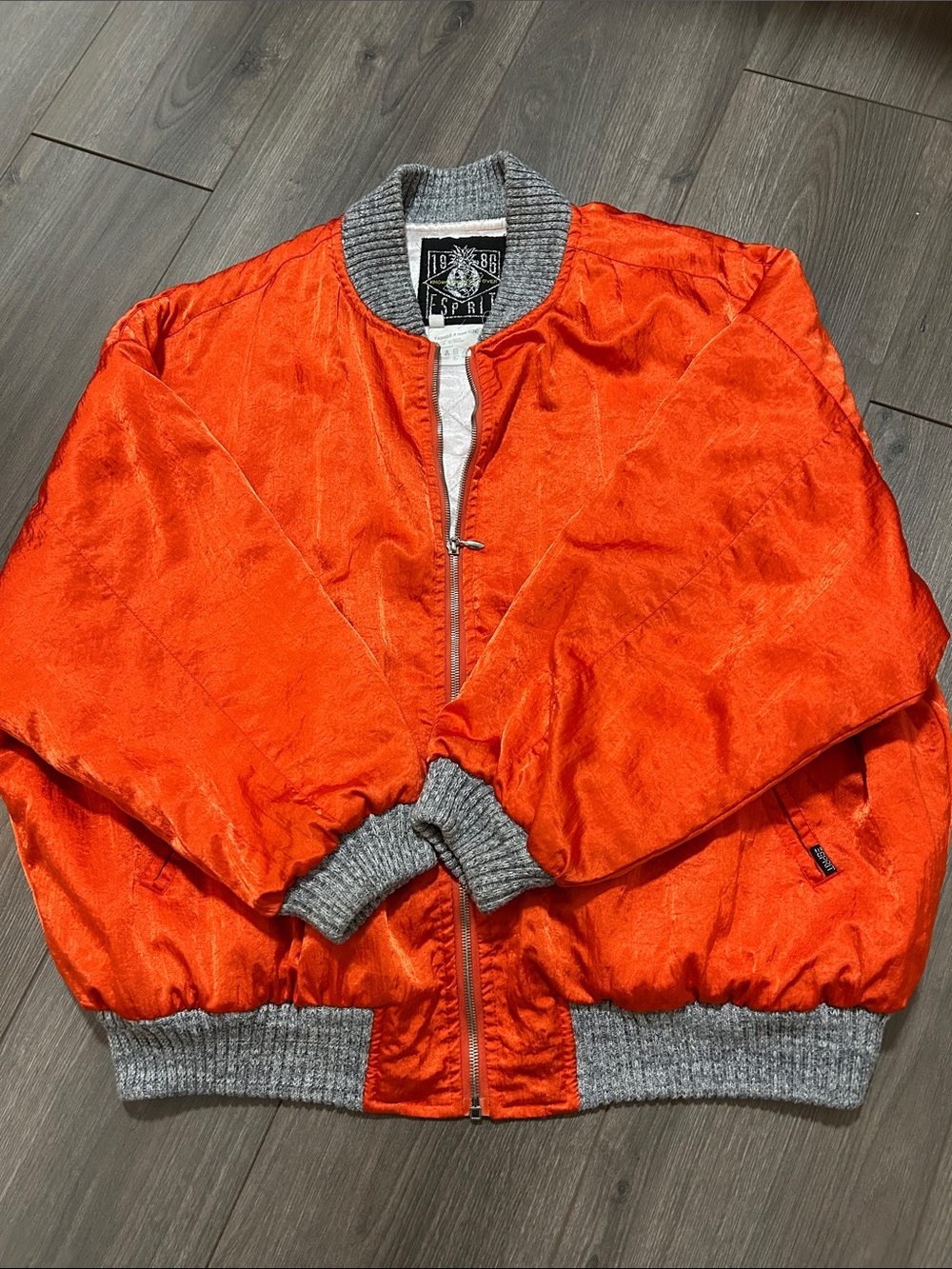Vintage Esprit Orange Satin Jacket with Gray Ribbed Collar